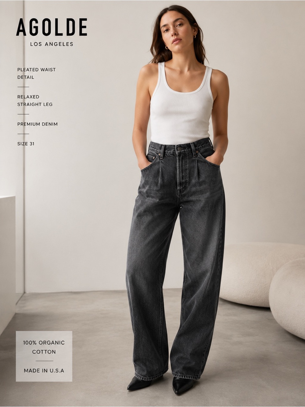 AGOLDE Dax Upsized Pleated Wide Leg Jeans Black 31